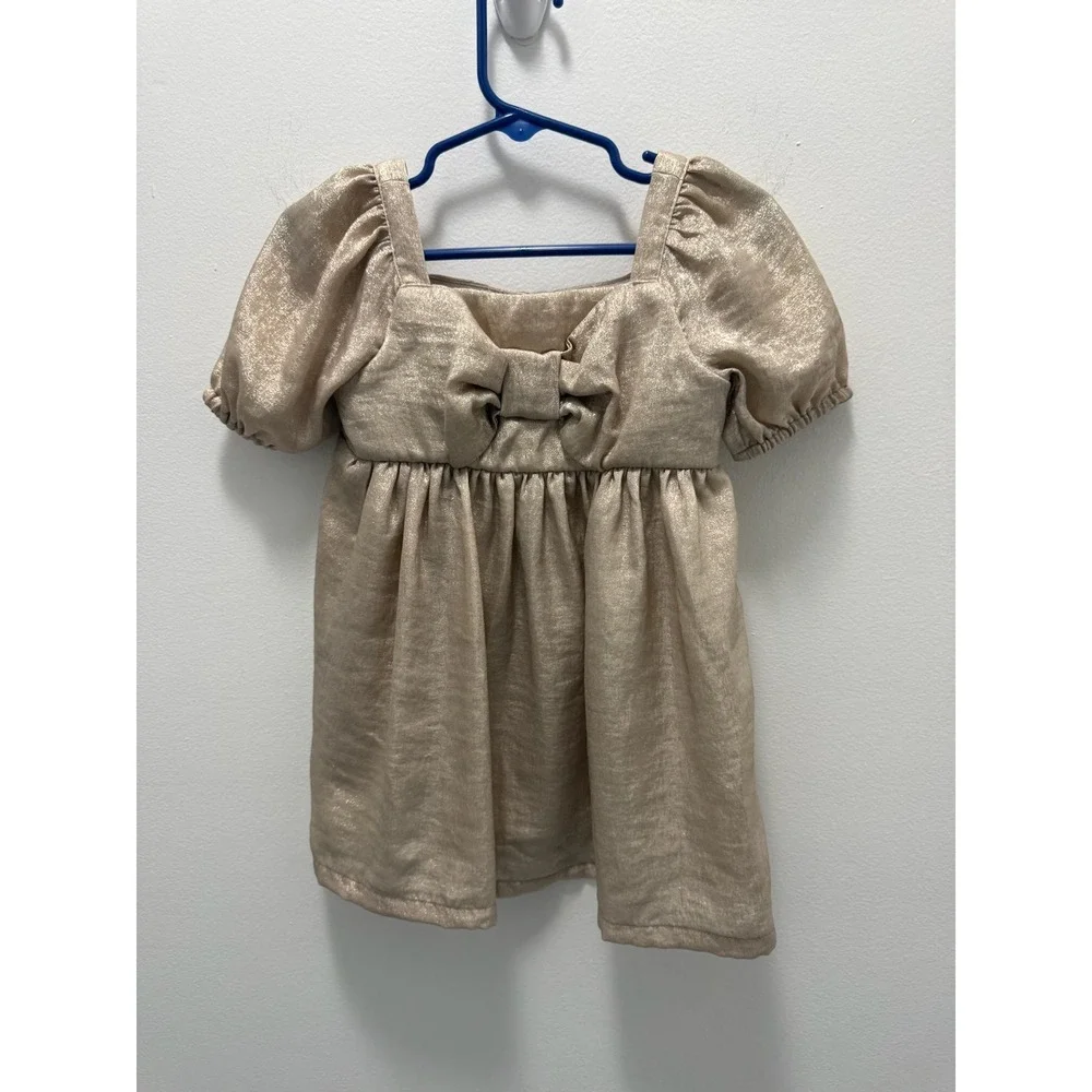 Baby Gap Toddler Girls Gold Metallic Shimmer Bow Puff Sleeve Dress Size 2 Years